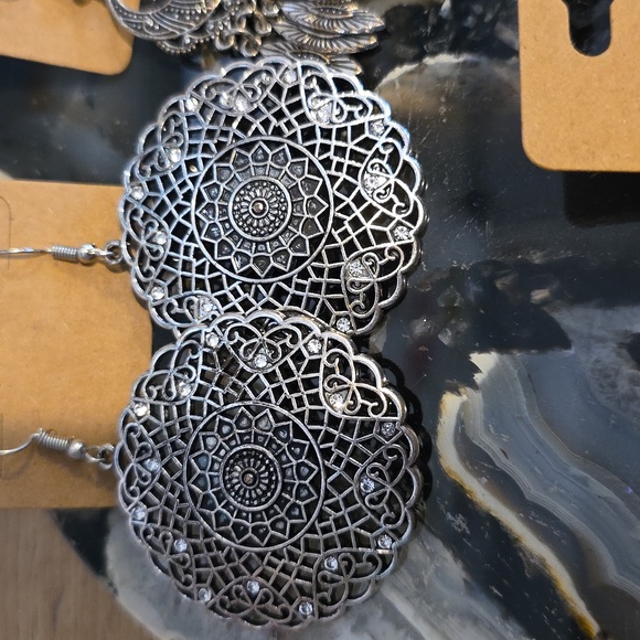 Silver and Yellow Boho Earrings Set Of 3 - Picture 2 of 4